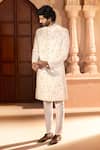 Arihant Rai Sinha Cream Dupion Embroidery, Sequins Floral Pastel Sherwani Set Arihant Rai Sinha_Cream Dupion Embroidery, Sequins Floral Pastel Sherwani Set