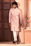 Shop_Arihant Rai Sinha_Pink Silk, Dupion Embroidery, Metallic Thread Floret Sherwani And Pant Set _Online_at_Aza_Fashions