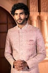 Shop_Arihant Rai Sinha_Pink Silk, Dupion Embroidery, Metallic Thread Floret Sherwani And Pant Set _Online