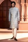 Shop_Arihant Rai Sinha_Aqua Silk, Dupion Embroidery Pastel Sherwani And Pant Set _Online