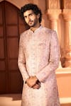 Shop_Arihant Rai Sinha_Pink Silk, Dupion Embroidery, Metallic Thread, Mughal Floral Sherwani Set _Online