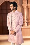 Arihant Rai Sinha_Pink Silk, Dupion Embroidery, Beads Leaf Vine Layered Sherwani Set 