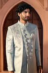 Arihant Rai Sinha_Green Velvet, Dupion, Silk Embroidery, Sequins, Placed Layered Sherwani Set _at_Aza_Fashions