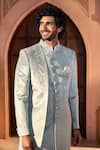 Shop_Arihant Rai Sinha_Green Velvet, Dupion, Silk Embroidery, Sequins, Placed Layered Sherwani Set 