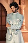 Arihant Rai Sinha_Green Velvet, Dupion, Silk Embroidery, Sequins, Placed Layered Sherwani Set _Online