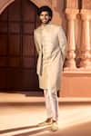 Shop_Arihant Rai Sinha_Beige Silk, Dupion Embroidery, Beads, Sequins Placed Layered Sherwani Set 
