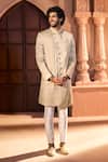 Arihant Rai Sinha_Beige Silk, Dupion Embroidery, Beads, Sequins Placed Layered Sherwani Set _Online