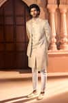 Shop_Arihant Rai Sinha_Beige Silk, Dupion Embroidery, Beads, Sequins Placed Layered Sherwani Set _Online