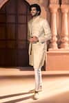 Arihant Rai Sinha_Beige Silk, Dupion Embroidery, Beads, Sequins Placed Layered Sherwani Set 