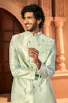 Shop Arihant Rai Sinha Green Silk, Dupion Embroidery, Stones Scattered Floral Sherwani Set Online Shop_Arihant Rai Sinha_Green Silk, Dupion Embroidery, Stones Scattered Floral Sherwani Set _Online