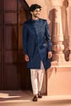 Shop_Arihant Rai Sinha_Navy Silk, Dupion Embroidery Placed Layered Sherwani Set _Online