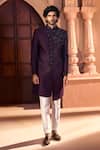 Shop_Arihant Rai Sinha_Wine Silk, Dupion Embroidery Front Sherwani Set _Online_at_Aza_Fashions