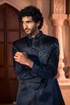 Shop_Arihant Rai Sinha_Navy Silk, Dupion Embroidery, Beads Placed Sherwani Set _Online_at_Aza_Fashions