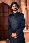 Arihant Rai Sinha_Navy Silk, Dupion Embroidery, Beads Placed Sherwani Set _at_Aza_Fashions