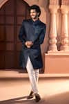 Shop_Arihant Rai Sinha_Navy Silk, Dupion Embroidery, Beads Placed Sherwani Set _Online