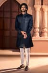 Arihant Rai Sinha_Navy Silk, Dupion Embroidery, Beads Placed Sherwani Set 
