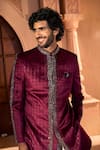 Arihant Rai Sinha Wine Velvet, Dupion, Silk Embroidery Sherwani And Pant Set Arihant Rai Sinha_Wine Velvet, Dupion, Silk Embroidery Sherwani And Pant Set