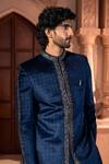 Shop Arihant Rai Sinha Navy Velvet, Dupion, Silk Embroidery, Metallic Thread, Sherwani And Pant Set Shop_Arihant Rai Sinha_Navy Velvet, Dupion, Silk Embroidery, Metallic Thread, Sherwani And Pant Set