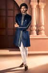 Arihant Rai Sinha Navy Velvet, Dupion, Silk Embroidery, Metallic Thread, Sherwani And Pant Set Online Arihant Rai Sinha_Navy Velvet, Dupion, Silk Embroidery, Metallic Thread, Sherwani And Pant Set _Online