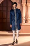 Shop Arihant Rai Sinha Navy Velvet, Dupion, Silk Embroidery, Metallic Thread, Sherwani And Pant Set Online Shop_Arihant Rai Sinha_Navy Velvet, Dupion, Silk Embroidery, Metallic Thread, Sherwani And Pant Set _Online