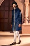 Arihant Rai Sinha Navy Velvet, Dupion, Silk Embroidery, Metallic Thread, Sherwani And Pant Set Arihant Rai Sinha_Navy Velvet, Dupion, Silk Embroidery, Metallic Thread, Sherwani And Pant Set