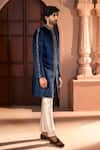 Arihant Rai Sinha Navy Velvet, Dupion, Silk Embroidery, Metallic Thread, Sherwani And Pant Set Arihant Rai Sinha_Navy Velvet, Dupion, Silk Embroidery, Metallic Thread, Sherwani And Pant Set