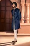 Arihant Rai Sinha Navy Velvet, Dupion, Silk Embroidery, Metallic Thread, Sherwani And Pant Set Arihant Rai Sinha_Navy Velvet, Dupion, Silk Embroidery, Metallic Thread, Sherwani And Pant Set