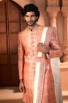Arihant Rai Sinha Red Jacquard, Silk, Dupion Embroidery, Banarasi Paisley Pattern Sherwani Set Arihant Rai Sinha_Red Jacquard, Silk, Dupion Embroidery, Banarasi Paisley Pattern Sherwani Set