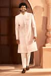 Arihant Rai Sinha Peach Silk, Dupion Embroidery Tonal Pastel Sherwani Set Arihant Rai Sinha_Peach Silk, Dupion Embroidery Tonal Pastel Sherwani Set