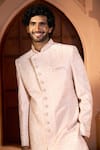 Arihant Rai Sinha Peach Silk, Dupion Embroidery Tonal Pastel Sherwani Set Arihant Rai Sinha_Peach Silk, Dupion Embroidery Tonal Pastel Sherwani Set