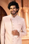 Arihant Rai Sinha Peach Silk, Dupion Embroidery Tonal Pastel Sherwani Set Arihant Rai Sinha_Peach Silk, Dupion Embroidery Tonal Pastel Sherwani Set