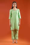 Shop Samyukta Singhania Green Silk Embroidery, Metallic Thread Split V-neck Marodi Kurta Set Online at Aza Fashions Shop_Samyukta Singhania_Green Silk Embroidery, Metallic Thread Split V-neck Marodi Kurta Set _Online_at_Aza_Fashions