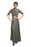 Buy_Soup By Sougat Paul_Black Chanderi Silk V Neck Printed Maxi Dress With Belt _at_Aza_Fashions