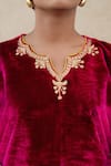 Wazir C_Pink Velvet Embroidery, Metallic Thread V-neck Kashmiri Tilla Kurta And Pant Set _at_Aza_Fashions