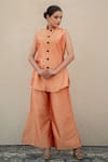 Shop_Wazir C_Peach Silk Mandarin Collar, Open Neck Kashmiri Golden Tilla Kurta Pant Set _Online_at_Aza_Fashions