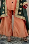 Wazir C_Peach Silk Mandarin Collar, Open Neck Kashmiri Golden Tilla Kurta Pant Set _at_Aza_Fashions