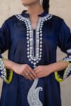 Wazir C_Blue Velvet Embroidery Split V-neck, Collared Kashmiri Tilla Kaftan _at_Aza_Fashions
