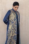Shop_Wazir C_Blue Silk Mandarin Collar Kashmiri Golden Tilla Embroidered Cape Set _Online_at_Aza_Fashions