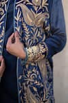 Wazir C_Blue Silk Mandarin Collar Kashmiri Golden Tilla Embroidered Cape Set _at_Aza_Fashions