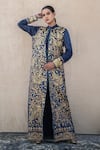 Buy_Wazir C_Blue Silk Mandarin Collar Kashmiri Golden Tilla Embroidered Cape Set _at_Aza_Fashions