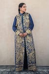 Shop_Wazir C_Blue Silk Mandarin Collar Kashmiri Golden Tilla Embroidered Cape Set 