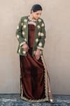 Buy_Wazir C_Rust Velvet, Silk Embroidery, Metallic Kashmiri Tilla Maxi Dress With Jacket 