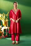 Samyukta Singhania Magenta Silk Embroidery, Zari V-neck Kora Hand Kurta Set Online at Aza Fashions Samyukta Singhania_Magenta Silk Embroidery, Zari V-neck Kora Hand Kurta Set _Online_at_Aza_Fashions