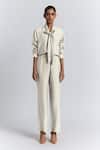 Buy Line Out Line Off White Chanderi Beads Collared Bow Shirt And Pant Set at Aza Fashions Buy_Line Out Line_Off White Chanderi Beads Collared Bow Shirt And Pant Set _at_Aza_Fashions