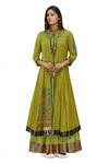 Buy_Neeta Bhargava_Green Tissue, Cotton Silk Jacket Mandarin Hand Painted Lehenga Set _at_Aza_Fashions