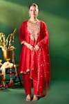 Buy Samyukta Singhania Red Organza, Silk, Shantoon Embroidery, Sequins Round Neck, Keyhole Anarkali Set at Aza Fashions Buy_Samyukta Singhania_Red Organza, Silk, Shantoon Embroidery, Sequins Round Neck, Keyhole Anarkali Set _at_Aza_Fashions