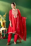Shop Samyukta Singhania Red Organza, Silk, Shantoon Embroidery, Sequins Round Neck, Keyhole Anarkali Set Online at Aza Fashions Shop_Samyukta Singhania_Red Organza, Silk, Shantoon Embroidery, Sequins Round Neck, Keyhole Anarkali Set _Online_at_Aza_Fashions