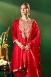 Shop Samyukta Singhania Red Organza, Silk, Shantoon Embroidery, Sequins Round Neck, Keyhole Anarkali Set Shop_Samyukta Singhania_Red Organza, Silk, Shantoon Embroidery, Sequins Round Neck, Keyhole Anarkali Set