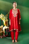 Samyukta Singhania Red Organza, Silk, Shantoon Embroidery, Sequins Round Neck, Keyhole Anarkali Set Online Samyukta Singhania_Red Organza, Silk, Shantoon Embroidery, Sequins Round Neck, Keyhole Anarkali Set _Online