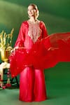 Samyukta Singhania Red Organza, Silk, Shantoon Embroidery, Sequins Round Neck, Kurta Sharara Set Samyukta Singhania_Red Organza, Silk, Shantoon Embroidery, Sequins Round Neck, Kurta Sharara Set